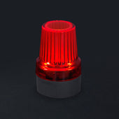 Blue Drive Flashing Cane Tip with ribbed grip, glowing brightly against a dark background, side view.