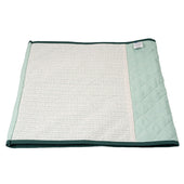 Rectangular quilted bed mat with white centre and green borders for wheelchair use, top view.