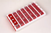 Pivotell Large Pill Organiser with blue lids, daily labels and four compartments per day, front view.