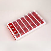Pivotell Large Pill Organiser with blue lids, daily labels and four compartments per day, front view.
