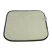 Beige non-slip chair pad with black edging and small top right label, soft and breathable material, top view.