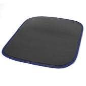 Black anti-slip foot pad with rounded edges and blue border, designed to reduce slipping risk, top view.