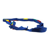 Blue nylon webbing bed ladder with foam handles for sitting up in bed, shown in use.