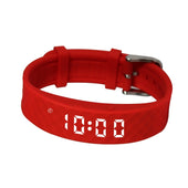 Pivotell Vibratime red digital reminder watch with white LED display, shows time and has vibrating alert feature, front view.