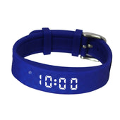 Blue Pivotell Vibratime vibrating reminder watch with digital display, silicone strap, and silver buckle, front view.