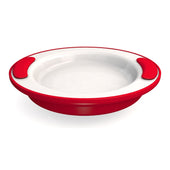 White shallow melamine bowl with a red rim and two red non-slip grips, front view.