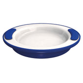Round red melamine plate with two red non-slip grips on opposite sides, break-proof design, top view.