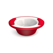Red keep warm bowl with two handles and non-slip base, break-proof design, on white background, front view.