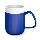 Red ORNAMIN thermo mug with large handle, white rim, and double wall, on white background, front view.