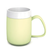 Light green thermo mug with large curved handle and white rim, on a plain white background, front view.