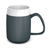 Dark grey break-proof ORNAMIN Thermo Mug with curved handle and white rim, blackberry colour accent, front view.