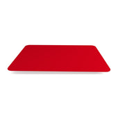Red non-slip rectangular placemat with rounded corners, flat design, polypropylene material, top view.
