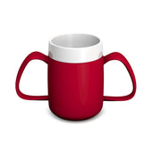 Red two-handled mug with white rim and internal cone, designed for easy grip, front view.