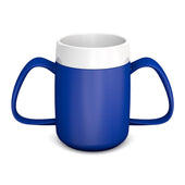 Light blue ORNAMIN two handled mug with internal cone, designed for easy grip and spill prevention, front view on white background.