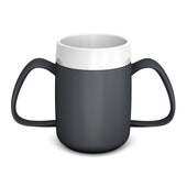 Red two-handled mug with internal cone for easy holding, front view.