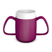 Two handled blackberry mug with internal cone and white rim, designed for toddlers, on a white background, front view.