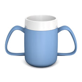 Red two handled mug with internal cone, for helping children drink, ORNAMIN brand, shown from a side angle.