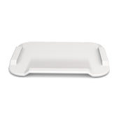White non-slip cutting board with raised edges and handles, suitable for limited hand movement, angled view.