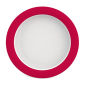 Round plastic plate with sloped base and wide red rim, break-resistant material, top view.