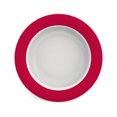Red ORNAMIN bowl with sloped base and wide rim, top view on plain background.