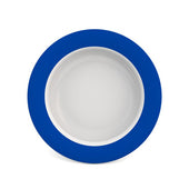 White melamine bowl with a wide blue rim and sloped base on a plain white background, top view.