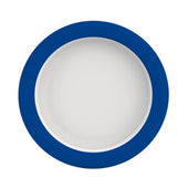 Blue round melamine plate with a sloped base on a white background, top view.
