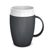 Blackberry-coloured mug with an internal cone, large handle and white rim, adaptive drinking aid, front view.