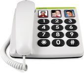 White Doro PhoneEasy 331 landline with large buttons and three photo speed-dial buttons, front angle.