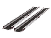 Telescopic channel ramp with black non-slip surfaces and raised edges, extended for wheelchair use, side view.