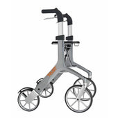 Graphite Trust Care Lets Fly Rollator with four large wheels and ergonomic handles, modern lightweight frame, side view.
