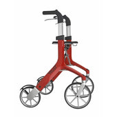 Red Trust Care Let’s Fly rollator with four large wheels and ergonomic handles, lightweight frame, front view.