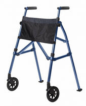 Blue folding walker with two front black wheels and storage pouch between the handles, front view.