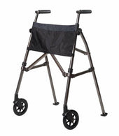Blue Able2 EZ Fold N Go Walker with two front wheels and black fabric pouch on the front, front view.