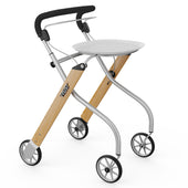 Lets Go Indoor Rollator in beech with four wheels, tray, wooden sides and black handlebar, front angle.