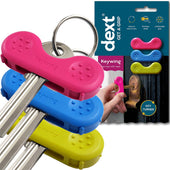 Three keys with pink, blue, and yellow Keywing grips next to Keywing Key Turner in mixed packaging, colourful key aids on display, front view.