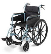Silver Blue Days Escape Lite self-propel wheelchair, lightweight and foldable with large rear wheels, side view.
