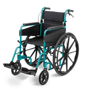 Days Escape Lite self propel wheelchair in racing green with armrests, footrests and large rear wheels, side view.