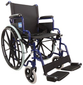 Blue steel self-propelled wheelchair with footrests and large rear wheels, side view.