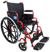 Red Aidapt self propelled steel transit chair with large rear wheels, footrests and armrests, front angle view.