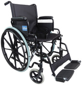 Blue steel self propelled transit chair with armrests and footrests, lightweight design, front view.