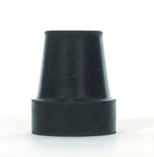 Black rubber walking stick ferrule with wide base and narrow top, upright on a white background, front view.