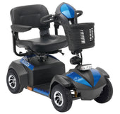 Red Drive Envoy 4 mobility scooter with front basket and padded seat with armrests, front view.