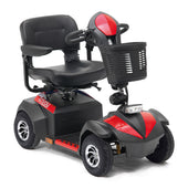 Red Drive Envoy 4 mobility scooter with padded seat, armrests, front basket and four wheels, side view.