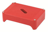 Red plastic bath stool with slip-resistant seat and handle slot, designed for bathroom safety, side view.