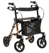 Dietz Rehab TAiMA S-GT rollator with four wheels, hand brakes, seat, and black mesh storage bag at the front, front angle view.