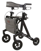Able2 Saturn Rollator in champagne with four wheels, built-in seat, and small grey front bag, side view.