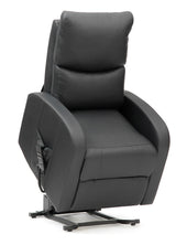 Black padded dual motor PU riser recliner with easy-clean surface, lift base, and remote in side pocket, front angle view.