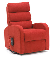 Terracotta fabric riser recliner with three cushion back, padded arms and side pocket for remote, front angle view.