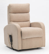 Oatmeal fabric riser recliner with three-pillow back, dual motors, padded arms and remote control, front angle view.