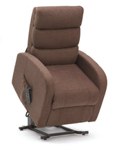 Terracotta fabric riser recliner with three-pillow waterfall back, padded arms and attached remote, front angle view.
